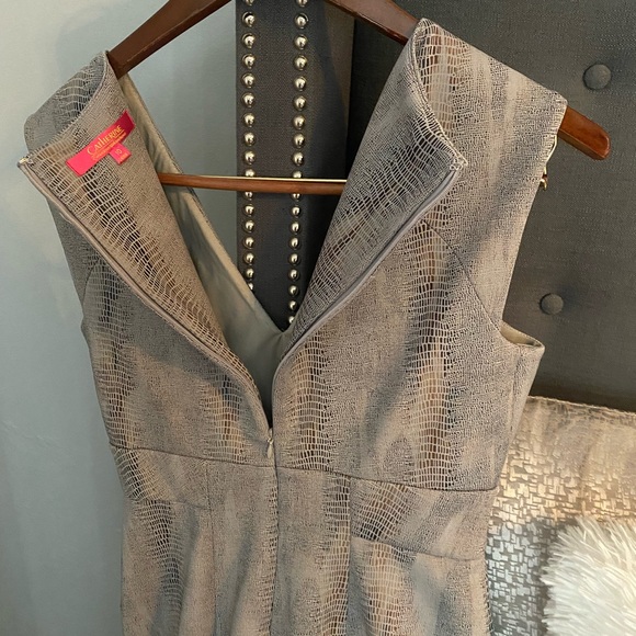 NEW Catherine Malandrino Taupe Snakeskin Print V-Neck Dress - Picture 6 of 12